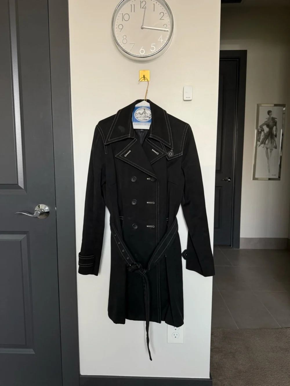 Vintage Banana Republic Black Cotton Trench Coat Contrast Stitch Belted L